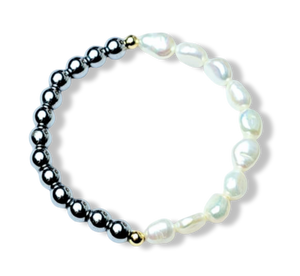 PULSERA PERLA IRREGULAR HEMATITA DORADO PLATEADO