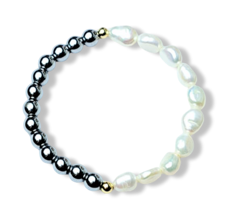 PULSERA PERLA IRREGULAR HEMATITA DORADO PLATEADO