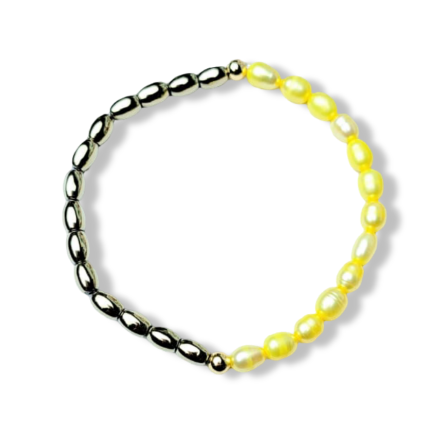PULSERA PERLA AMARILLA Y HEMATITA DORADO
