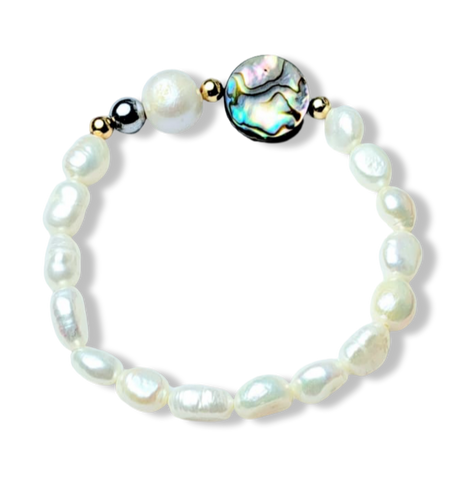 PULSERA PERLA  ABULON, HEMATITA DORADO