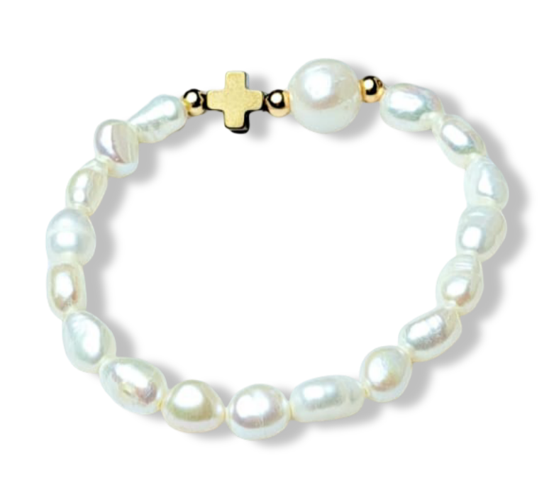 PULSERA PERLA Y CRUZ HEMATITA DORADO