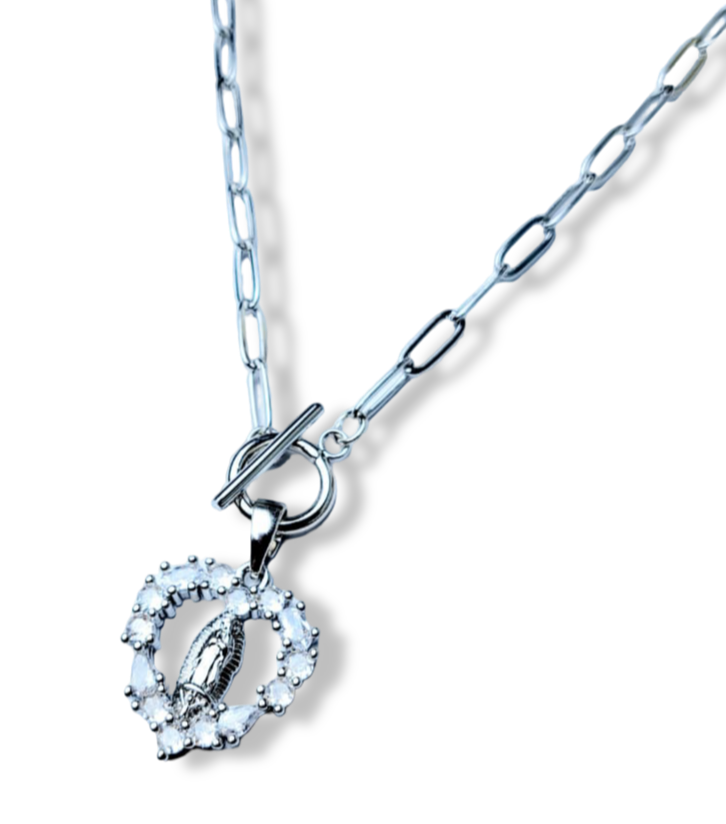 COLLAR VIRGEN CORAZÓN ESLABÓN PLATEADO