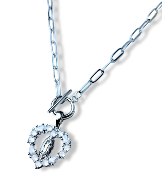 COLLAR VIRGEN CORAZÓN ESLABÓN PLATEADO