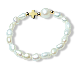 PULSERA PERLA Y CRUZ HEMATITA DORADO