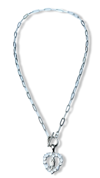 COLLAR VIRGEN CORAZÓN ESLABÓN PLATEADO