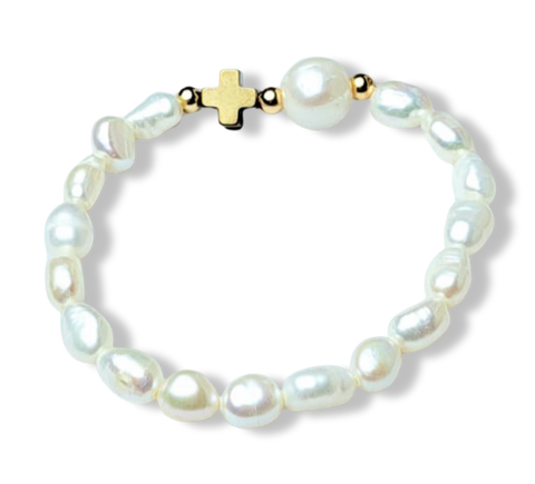 PULSERA PERLA Y CRUZ HEMATITA DORADO