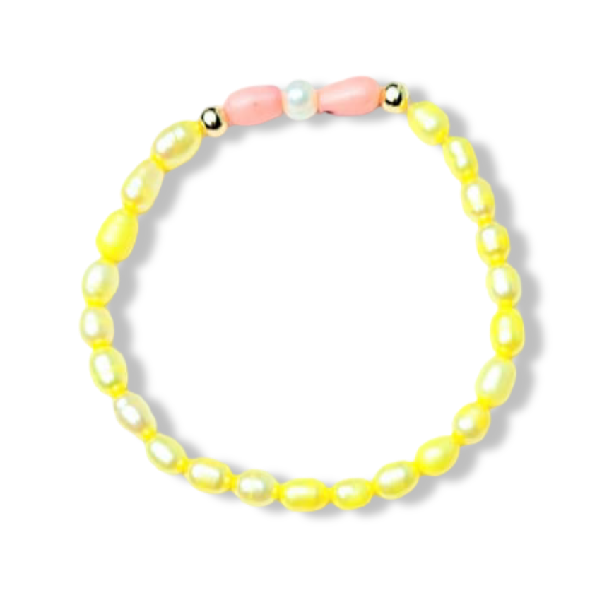 PULSERA PERLA AMARILLA Y CORAL ROSA DORADO