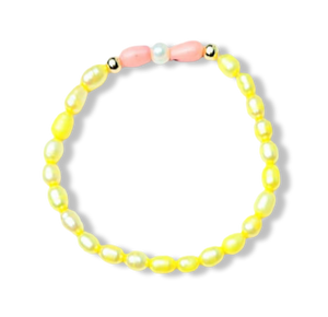 PULSERA PERLA AMARILLA Y CORAL ROSA DORADO