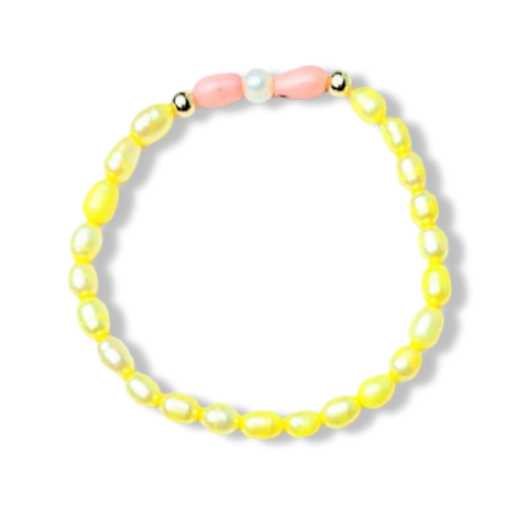 PULSERA PERLA AMARILLA Y CORAL ROSA DORADO