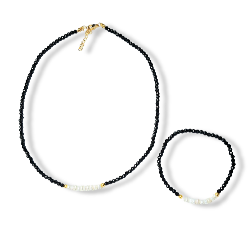 SET PERLA Y CRISTAL NEGRO DORADO