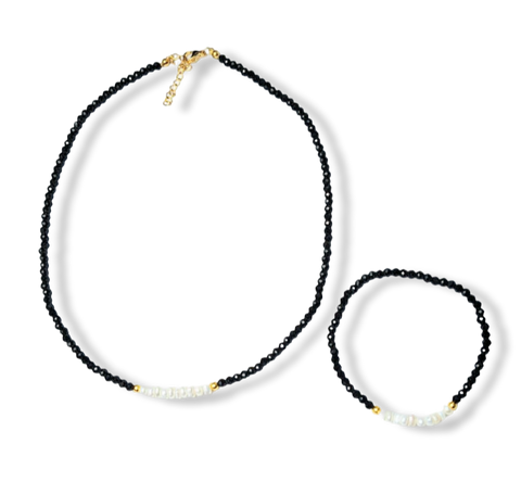 SET PERLA Y CRISTAL NEGRO DORADO