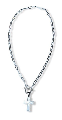 COLLAR MADRE PERLA CRUZ ESLABÓN PLATEADO