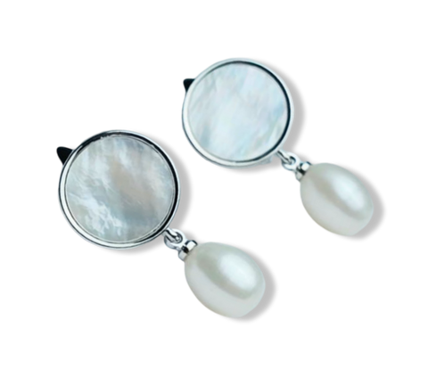 ARETE MADRE PERLA GOTA PLATEADO