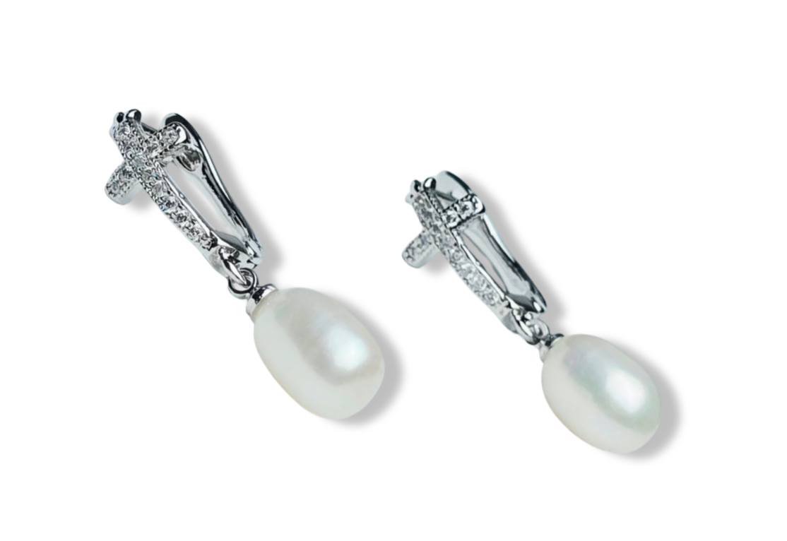 ARETE PERLA GOTA CRUZ Y CIRCONIA PLATEADO