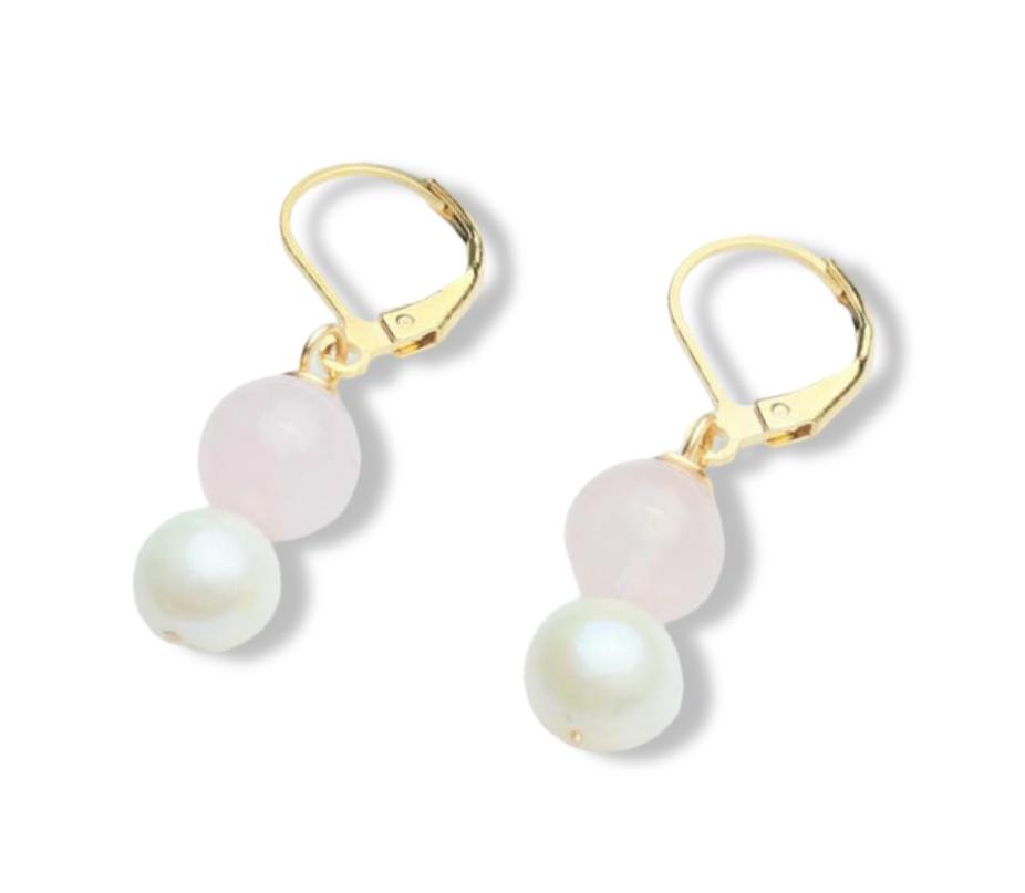 ARETE PERLA Y CUARZO ROSA DORADO