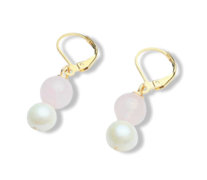 ARETE PERLA Y CUARZO ROSA DORADO