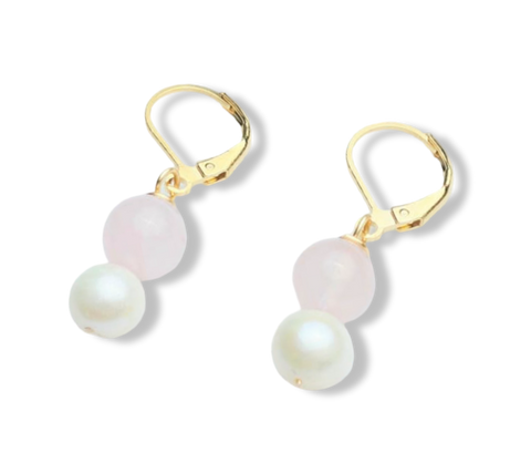 ARETE PERLA Y CUARZO ROSA DORADO