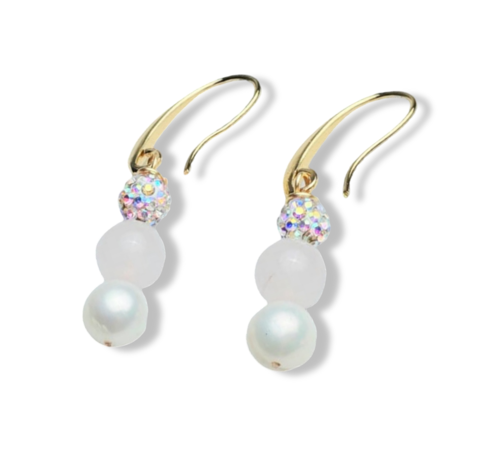 ARETE PERLA CRISTAL Y CUARZO ROSA DORADO