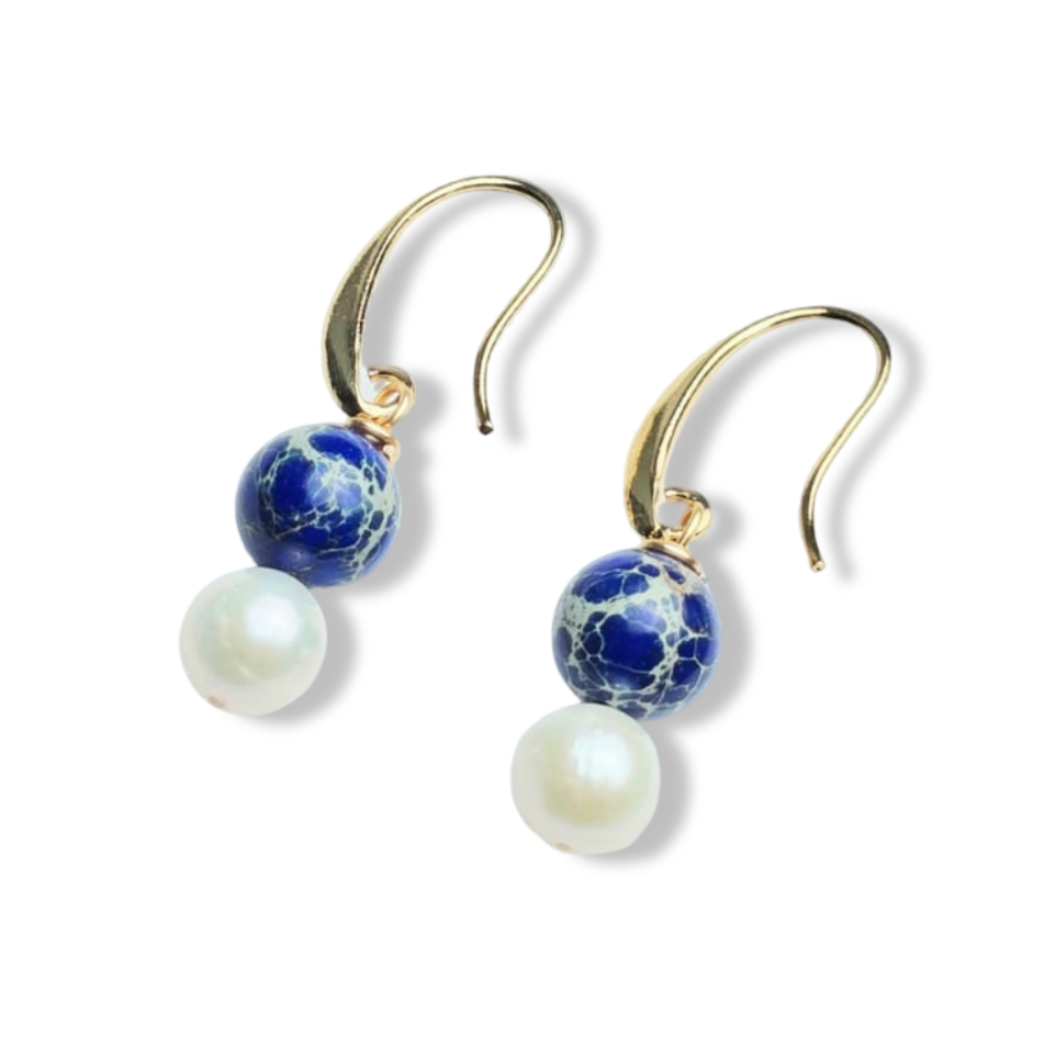 ARETE PERLA Y JASPE AZUL DORADO