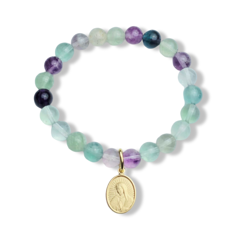PULSERA VIRGEN DE GUADALUPE FLUORITA DORADO