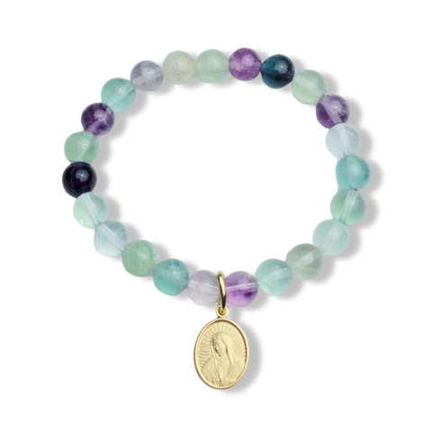 PULSERA VIRGEN DE GUADALUPE FLUORITA DORADO