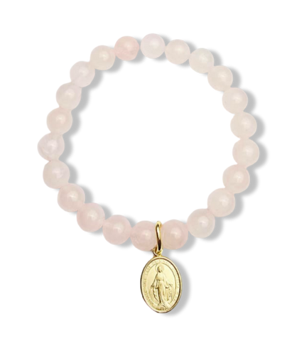 PULSERA VIRGEN MILAGROSA CUARZO ROSA DORADO