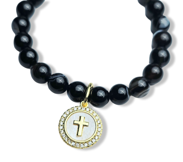 PULSERA MADRE PERLA CRUZ ÁGATA NEGRA DORADO