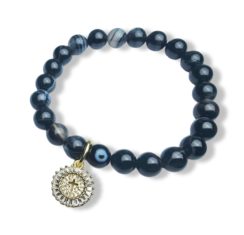 PULSERA CRUZ CIRCONIA Y ÁGATA NEGRA DORADO
