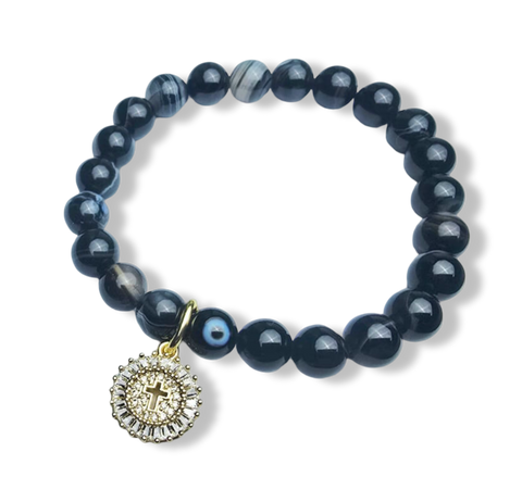 PULSERA CRUZ CIRCONIA Y ÁGATA NEGRA DORADO