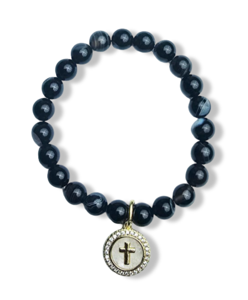 PULSERA MADRE PERLA CRUZ ÁGATA NEGRA DORADO
