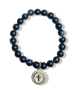 PULSERA MADRE PERLA CRUZ ÁGATA NEGRA DORADO