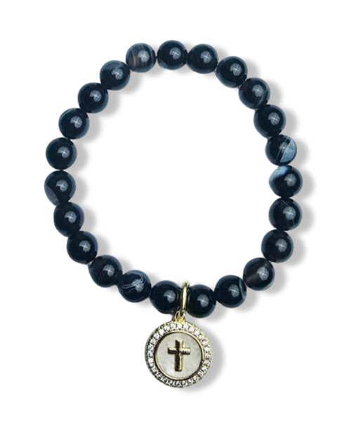 PULSERA MADRE PERLA CRUZ ÁGATA NEGRA DORADO