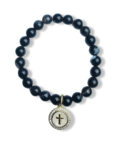 PULSERA MADRE PERLA CRUZ ÁGATA NEGRA DORADO