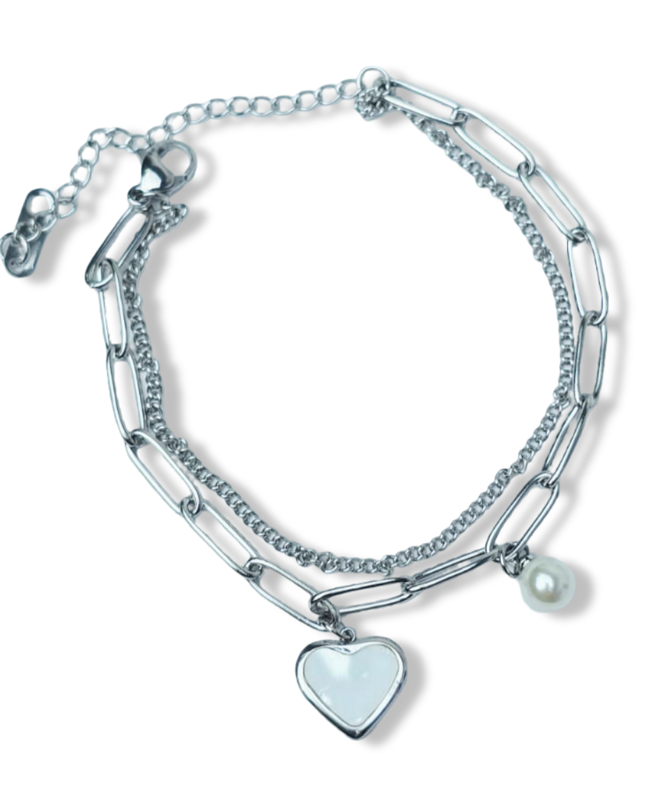 PULSERA WATERPROOF MADRE PERLA CORAZÓN PLATEADO