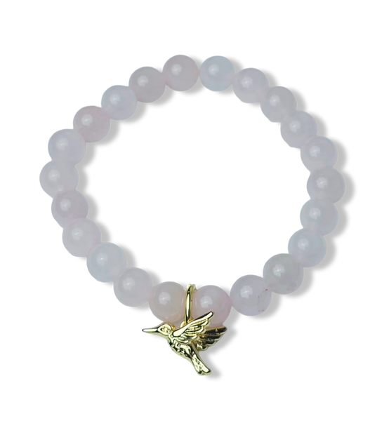 PULSERA COLIBRÍ Y CUARZO ROSA DORADO