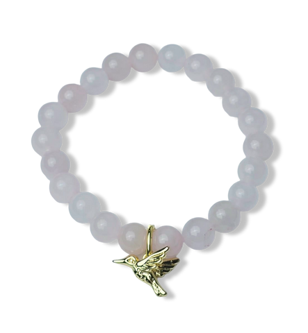 PULSERA COLIBRÍ Y CUARZO ROSA DORADO