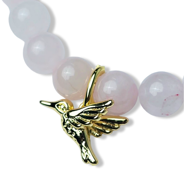 PULSERA COLIBRÍ Y CUARZO ROSA DORADO