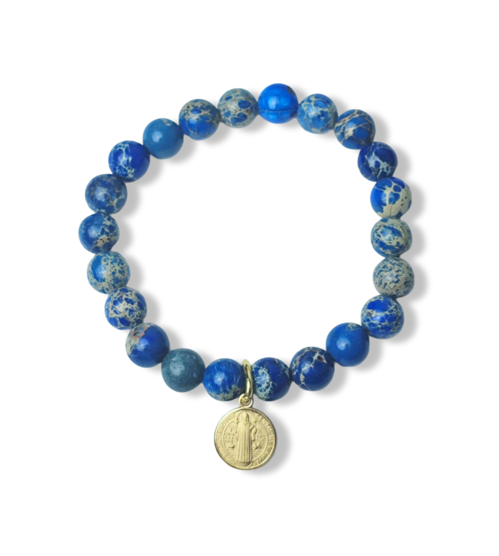 PULSERA JASPE AZUL SAN BENITO DORADO