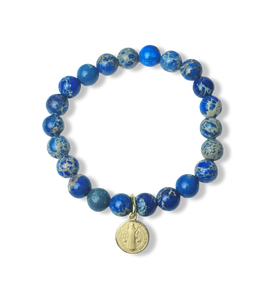 PULSERA JASPE AZUL SAN BENITO DORADO
