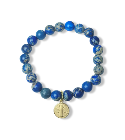PULSERA JASPE AZUL SAN BENITO DORADO