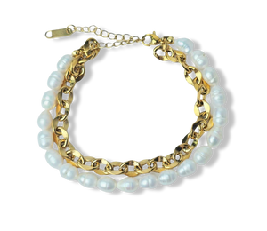 PULSERA DOBLE WATERPROOF Y PERLA ARROZ DORADO