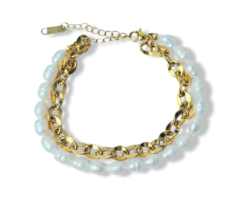 PULSERA DOBLE WATERPROOF Y PERLA ARROZ DORADO