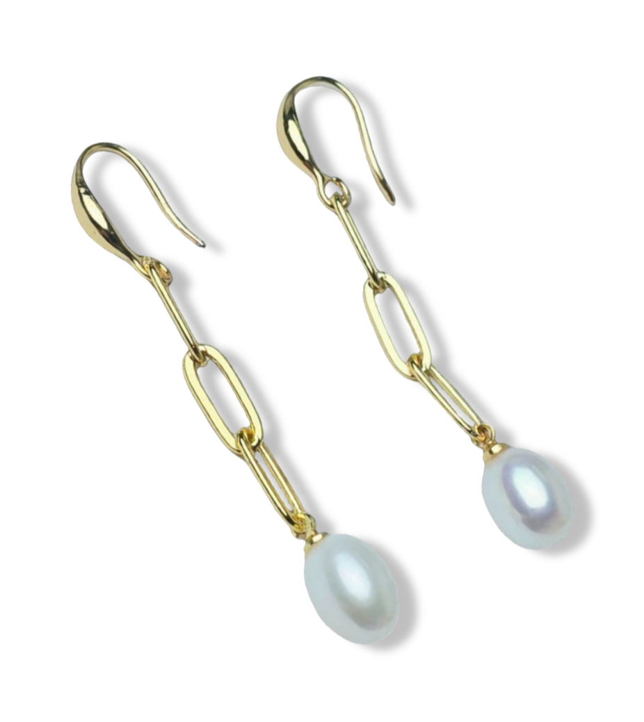 ARETE PERLA ARROZ Y ESLABONES DORADO