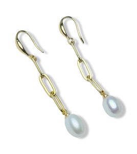 ARETE PERLA ARROZ Y ESLABONES DORADO