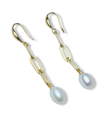 ARETE PERLA ARROZ Y ESLABONES DORADO