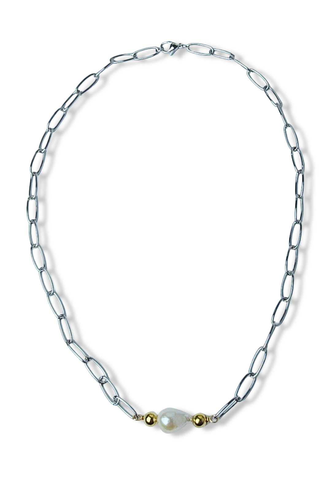 COLLAR PERLA CALABAZO Y ESLABÓN PLATEADO