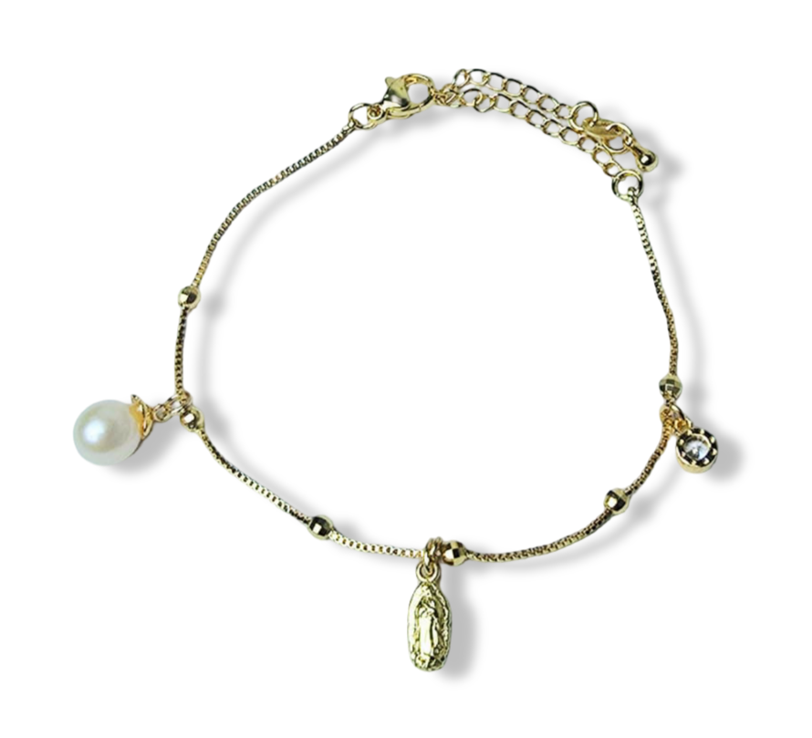 PULSERA PERLA GOTA VIRGEN Y CIRCONIA DORADO