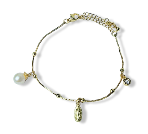 PULSERA PERLA GOTA VIRGEN Y CIRCONIA DORADO