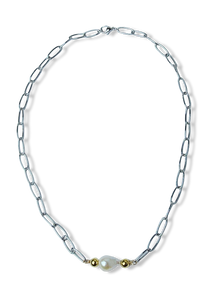COLLAR PERLA CALABAZO Y ESLABÓN PLATEADO