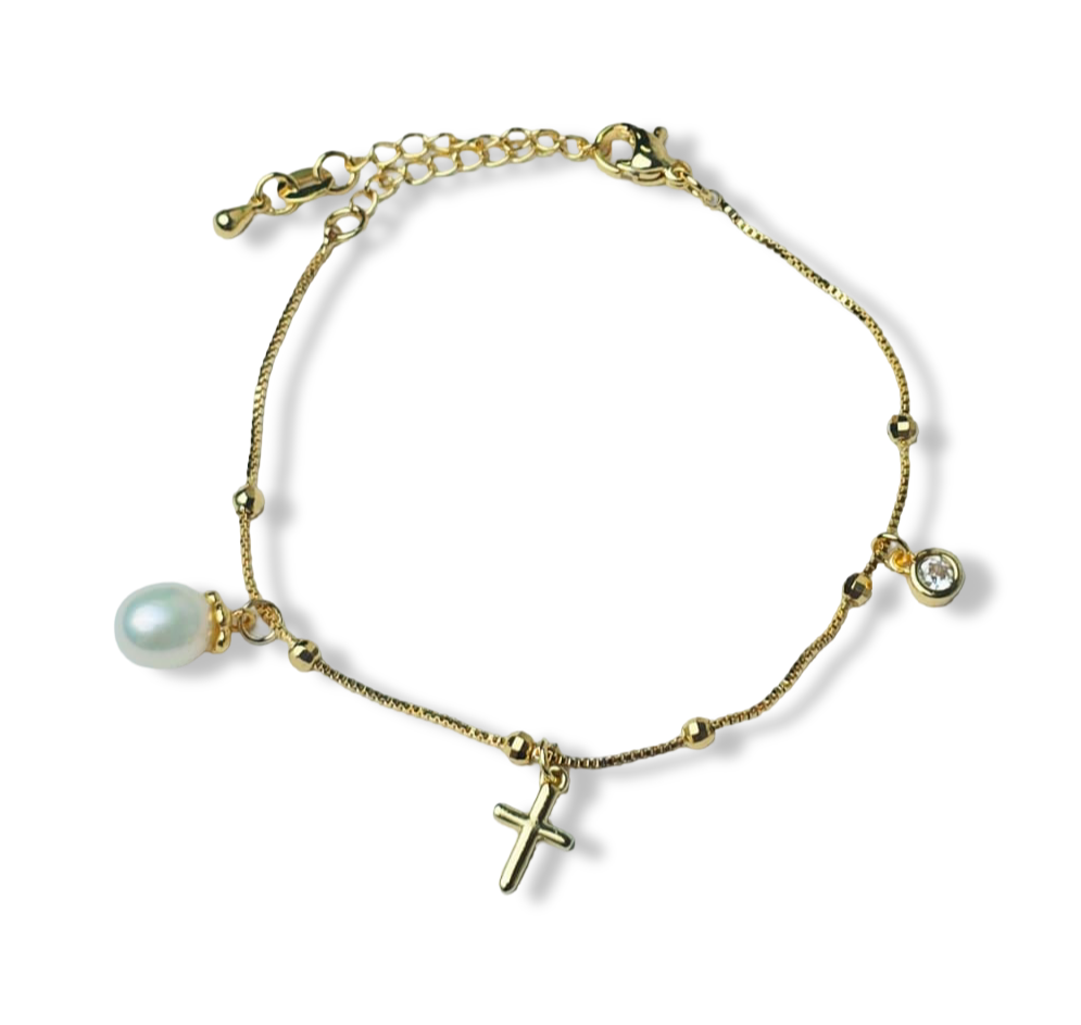 PULSERA PERLA GOTA CRUZ Y CIRCONIA DORADO